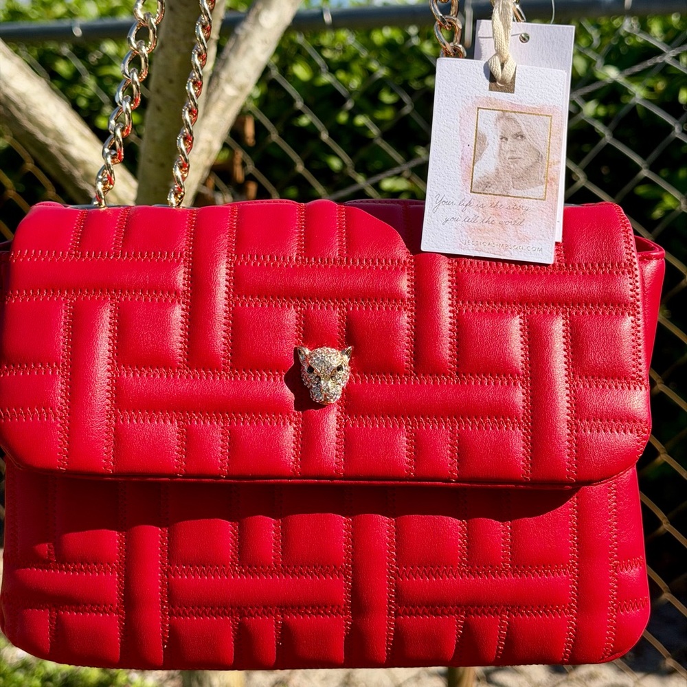 JESSICA SIMPSON Gillian Quilted Shoulder/Crossbody Chain Bag in Crimson Red - Picture 2 of 16